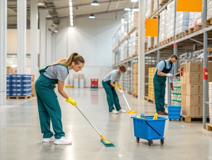 Cleaning a commercial warehouse floor with professional equipment